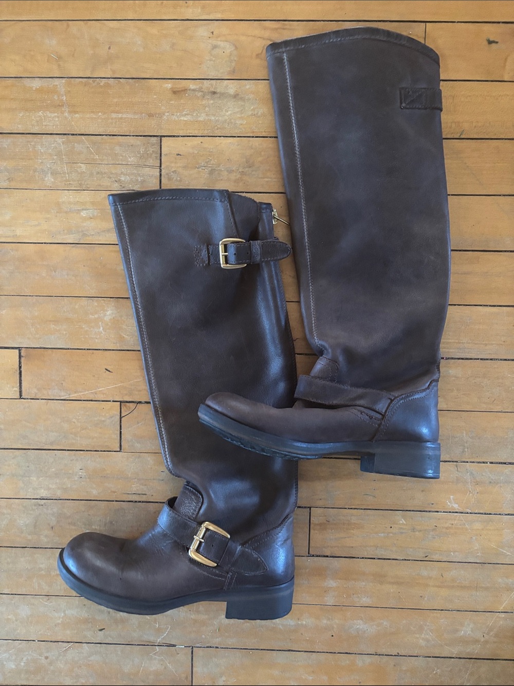EUC Steve Madden Tall Brown Leather Biker Combat Boots Buckle purple zipper